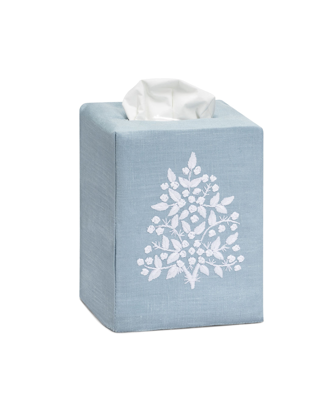 Jardin Linen Tissue Box Cover Henry Handwork White on Sky Blue 