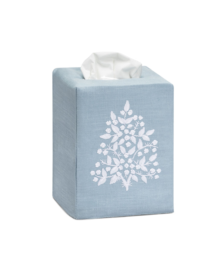 Jardin Linen Tissue Box Cover Henry Handwork White on Sky Blue 