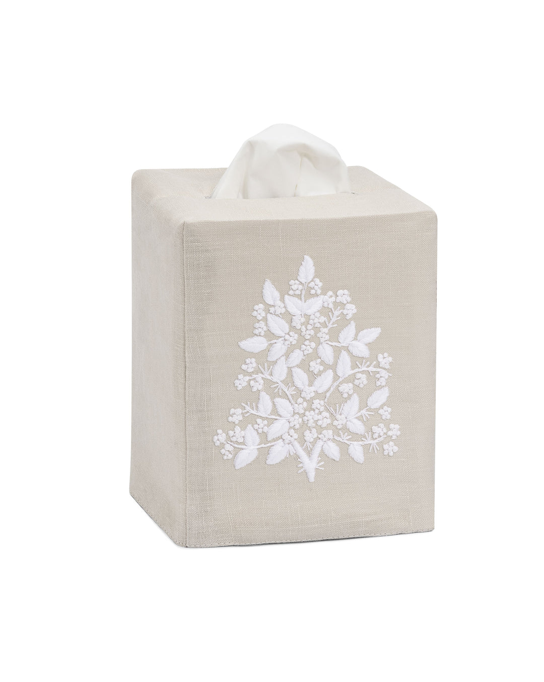 Jardin Linen Tissue Box Cover Henry Handwork White on Taupe 