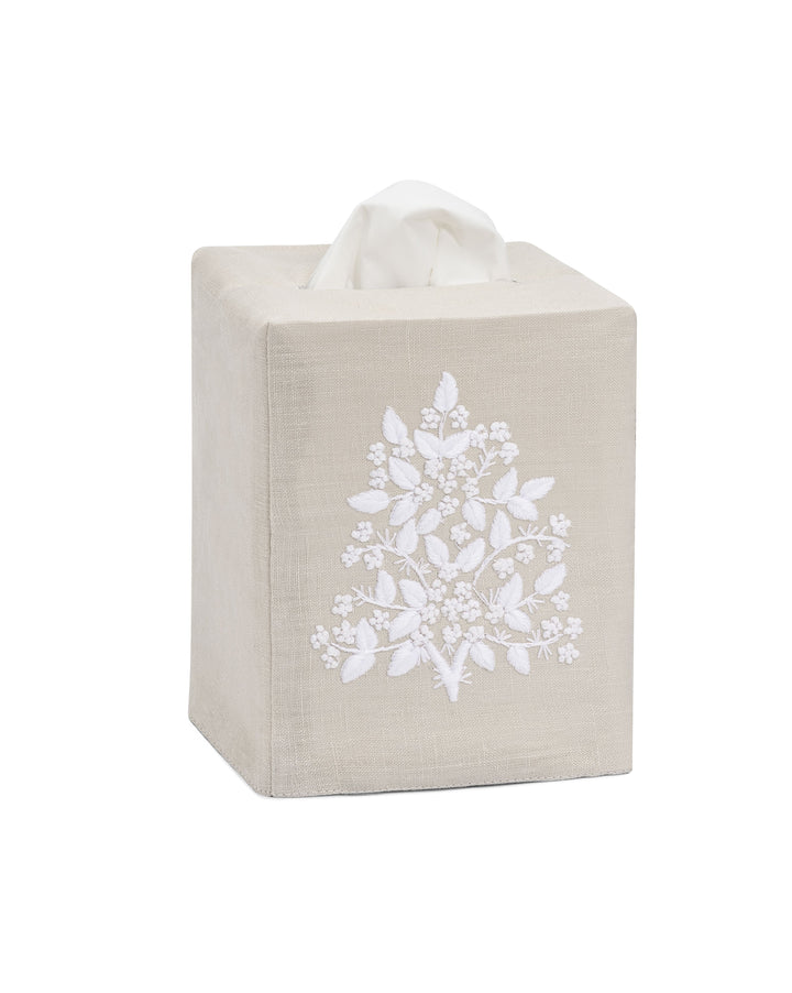 Jardin Linen Tissue Box Cover Henry Handwork White on Taupe 