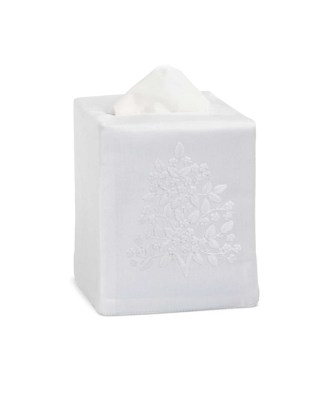 Jardin Linen Tissue Box Cover Henry Handwork White on White 