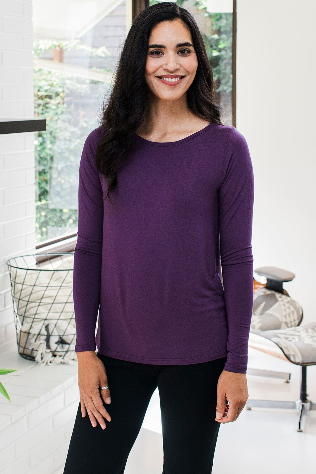 Jena Long Sleeve Bamboo Tee Shirt Loungewear Yala Designs Small Aster 