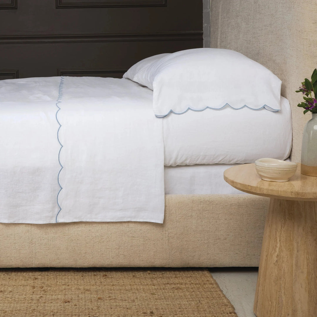 Kelly Linen Pillowcase- Pair Bedding Style Pom Pom at Home White/French Blue Standard 