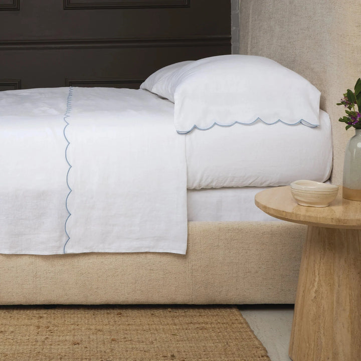 Kelly Linen Pillowcase- Pair Bedding Style Pom Pom at Home White/French Blue Standard 