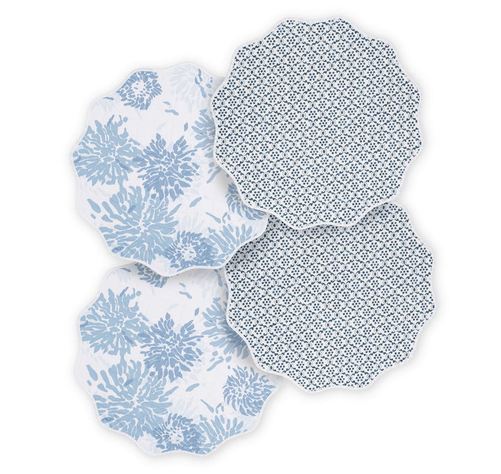 Reversible Quilted Placemat- Set of 4 Table Linens Matouk Chrysanthemum Blue & Laksha Indigo Circle - 16" 