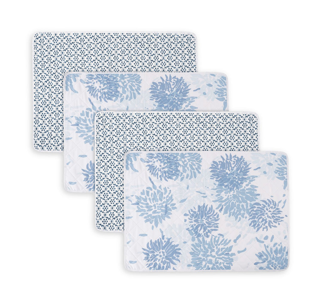 Reversible Quilted Placemat- Set of 4 Table Linens Matouk Chrysanthemum Blue & Laksha Indigo Oblong - 14" x 19" 
