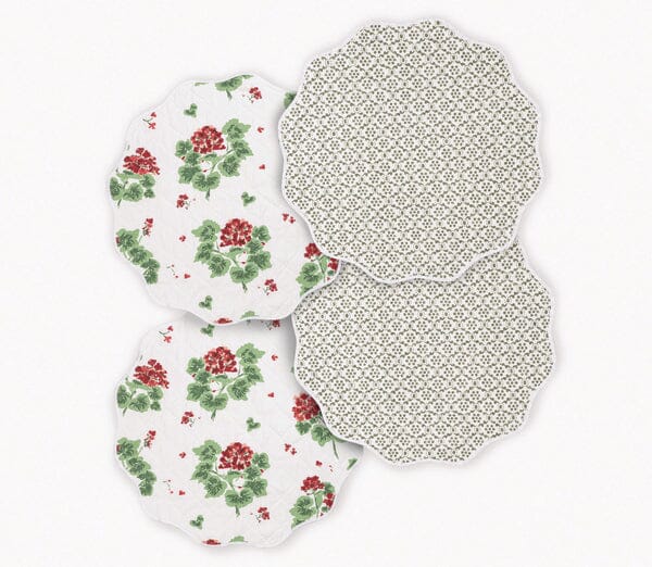 Reversible Quilted Placemat- Set of 4 Table Linens Matouk Geranium Scarlet & Laksha Moss Circle - 16" 