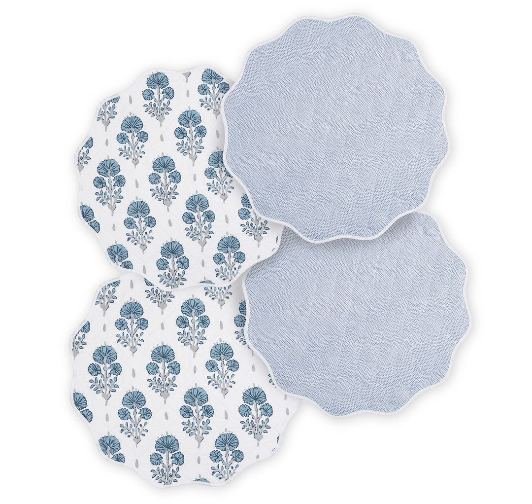 Reversible Quilted Placemat- Set of 4 Table Linens Matouk Joplin Mineral & Jasper Hazy Blue Circle - 16" 