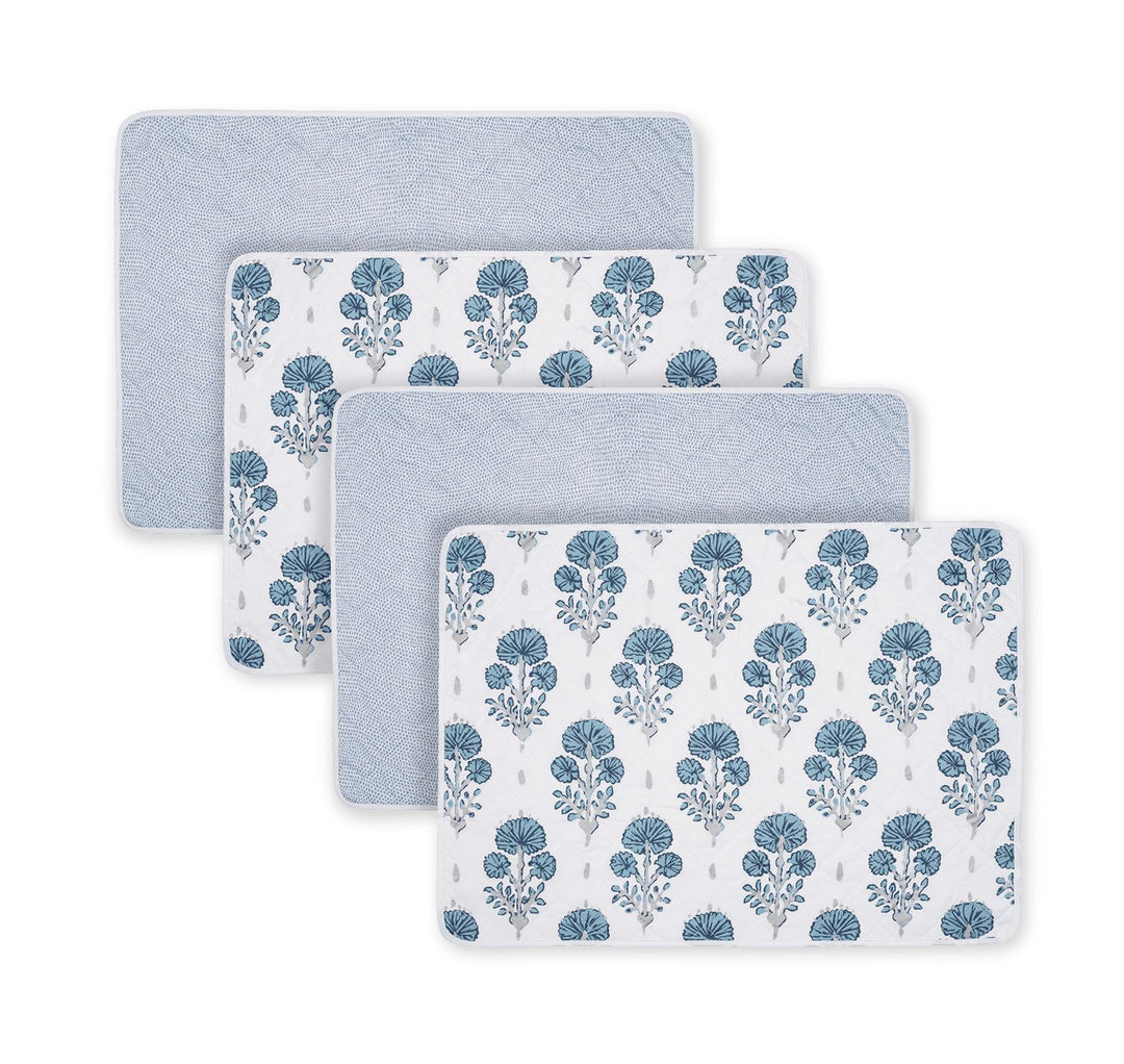 Reversible Quilted Placemat- Set of 4 Table Linens Matouk Joplin Mineral & Jasper Hazy Blue Oblong - 14" x 19" 