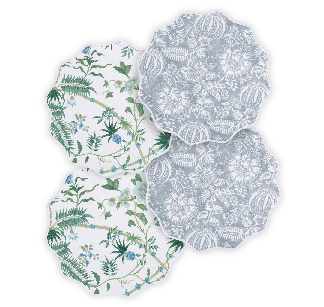 Reversible Quilted Placemat- Set of 4 Table Linens Matouk Palmyra Emerald & Granada Hazy Blue Circle - 16" 