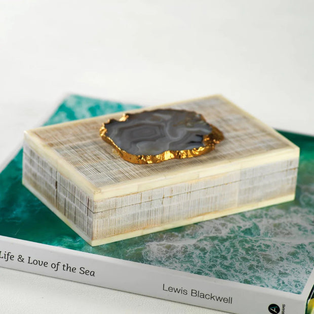 Chiseled Mangowood & Bone Box w/ Agate Stone Gifts Zodax 